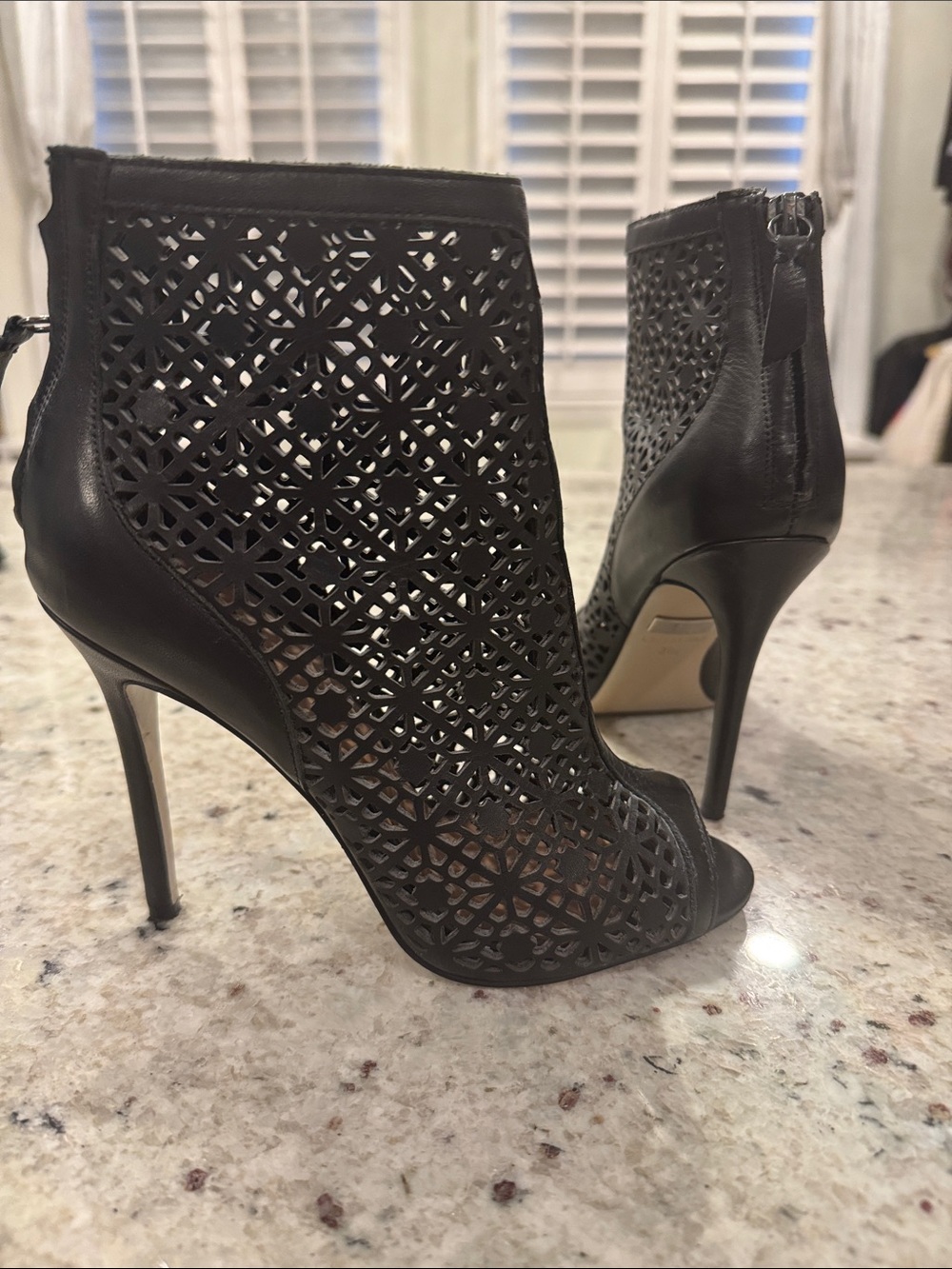 Badgley Mischka Black Laser-Cut Peep-Toe Stiletto Booties